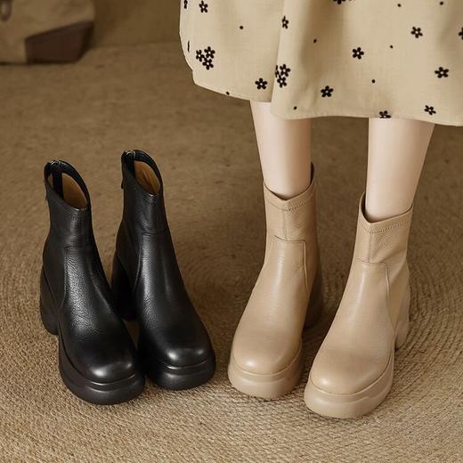 【预售5天】软羊皮粗跟厚底马丁靴女秋冬新款小个子高跟圆头后拉链松糕短靴NWS1&N9671 商品图3