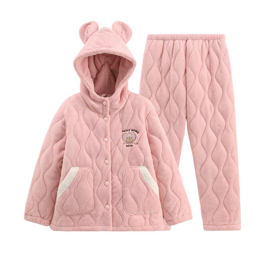 芬腾秋冬季睡衣女三层夹棉加绒加厚保暖舒适连帽可外穿家居服套装 商品图4