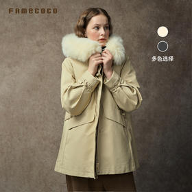 Famecoco范可儿大毛领连帽复古派克90绒保暖羽绒服FAC8AI004