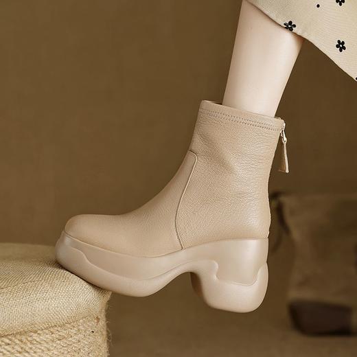 【预售5天】软羊皮粗跟厚底马丁靴女秋冬新款小个子高跟圆头后拉链松糕短靴NWS1&N9671 商品图1