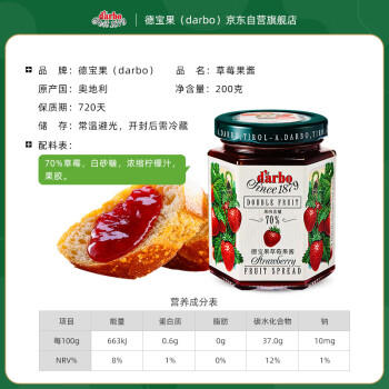 德宝果 草莓果酱200g/瓶 早餐下午茶面包酸奶完美搭配 奥地利进口 /粮油调味 /调味品 /西式酱料 商品图0