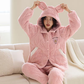 芬腾秋冬季睡衣女三层夹棉加绒加厚保暖舒适连帽可外穿家居服套装