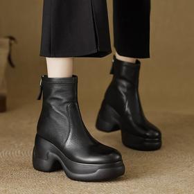 【预售5天】软羊皮粗跟厚底马丁靴女秋冬新款小个子高跟圆头后拉链松糕短靴NWS1&N9671