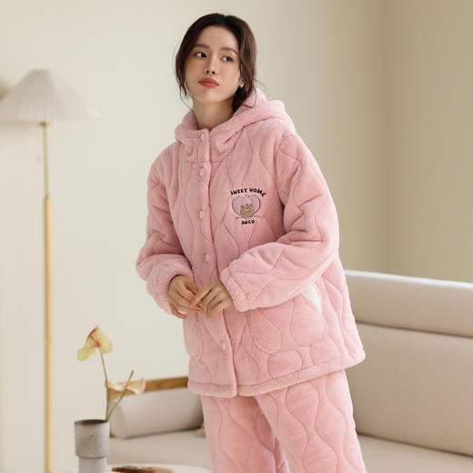 芬腾秋冬季睡衣女三层夹棉加绒加厚保暖舒适连帽可外穿家居服套装 商品图2