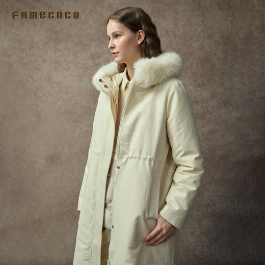 Famecoco范可儿连帽毛领长款风衣式羽绒服90绒保暖FAC8AH006 商品图1