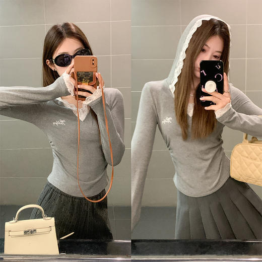 <曾小咸推荐>V领蕾丝边连帽修身上衣 日常129.99/件 立减60 秒杀69.99/件！！ 商品图3