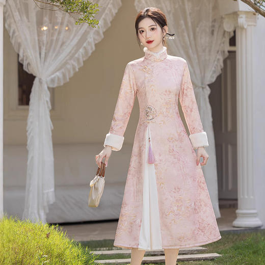 淑女范毛领奥黛旗袍2024年冬新款不开叉加绒保暖新中式旗袍TY2872 商品图1