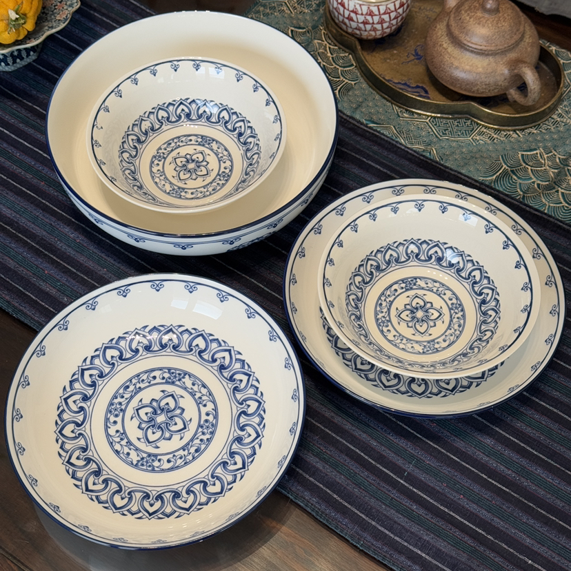 29.9元到手6个！整套餐具可选！新中式青花碗盘，繁花蓝调，精美新中式青花图案，1300°高温烧制，瓷质安全细腻，釉下彩工艺，可进微波炉！盘子、饭碗、汤碗...