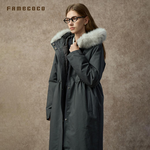 Famecoco范可儿连帽毛领长款风衣式羽绒服90绒保暖FAC8AH006 商品图3
