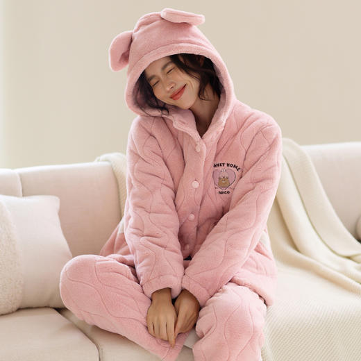 芬腾秋冬季睡衣女三层夹棉加绒加厚保暖舒适连帽可外穿家居服套装 商品图1