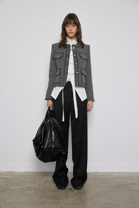 粗斜纹无领廓形外套