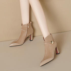 【预售5天】优雅气质名媛时装靴秋冬季新款靴子尖头粗跟高跟女靴金属扣短靴女QS&6053