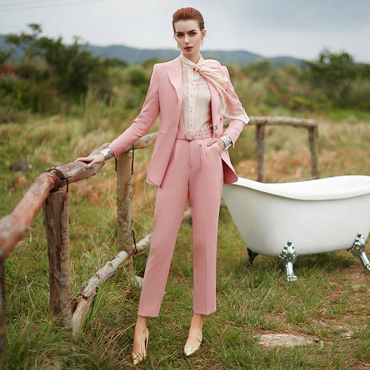 时尚粉色西装套装女衬衫套裤春秋职业装 商品图2