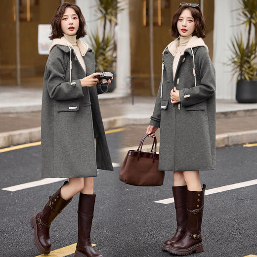 毛呢外套女中长款2024新款秋冬休闲，小个子气质带帽羊毛呢子大衣MLJL16255 商品图2
