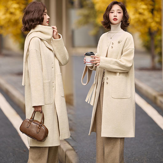 高级感围脖双面羊毛大衣，韩系赫本风长款毛呢外套MLJL16263 商品图1