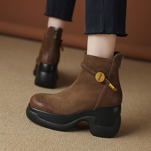 【预售5天】秋冬加绒轻便舒适厚底粗跟瘦瘦短靴复古擦色猪皮马丁靴女DTN&5105-3 商品图0