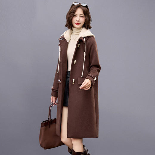 毛呢外套女中长款2024新款秋冬休闲，小个子气质带帽羊毛呢子大衣MLJL16255 商品图0