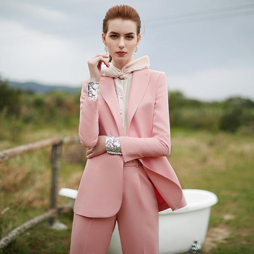 时尚粉色西装套装女衬衫套裤春秋职业装 商品图0