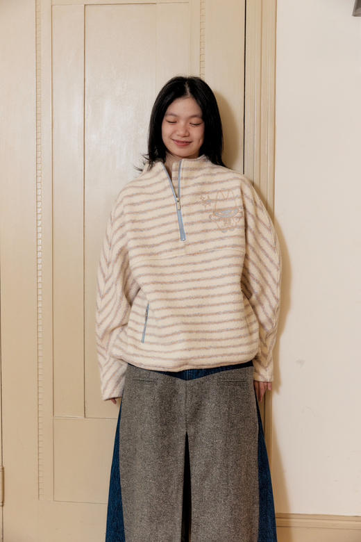 婴儿蓝白条纹有钱小猫半高领拉链式毛绒外套 商品图0