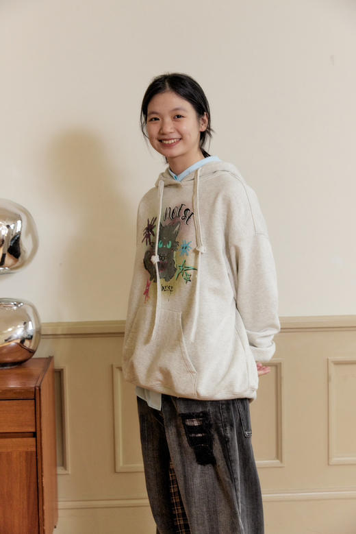 有钱图案猫咪印花浅灰色加绒连帽卫衣 商品图0