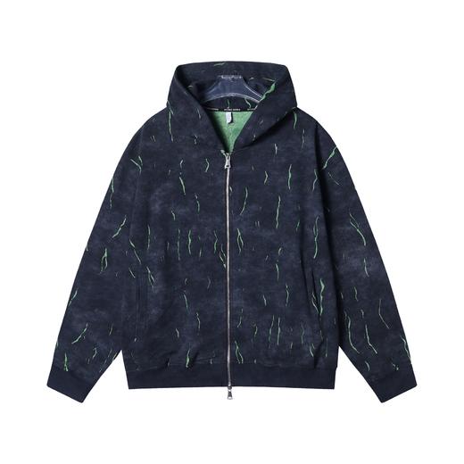 秋冬季新款时尚百搭牛仔做旧上衣黑绿撞色连帽开衫外套舒适潮流 商品图1