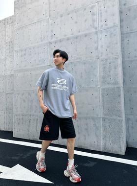 B家 AI设计标印花 做旧破洞外缝明骨 圆领短袖（JN）