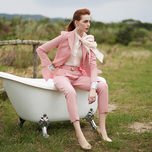 时尚粉色西装套装女衬衫套裤春秋职业装 商品图4
