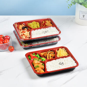 特美居（temeiju）一次性饭盒五格吸塑餐盒加厚带盖打包盒黑红100套装1000型可微波 商品图1