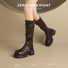 ZHR多排扣潮流长筒靴女2024秋冬新款复古骑士靴厚底西棕色牛仔靴