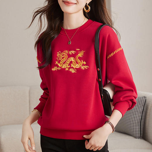 雀说圆领新年红色加绒加厚卫衣本命年衣服喜庆保暖上衣ALS82340198 商品图2