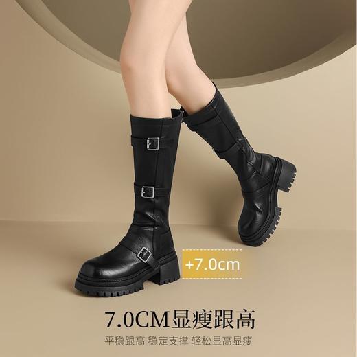 ZHR多排扣潮流长筒靴女2024秋冬新款复古骑士靴厚底西棕色牛仔靴 商品图4