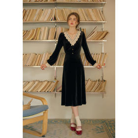 SimpleRetro弗洛伊德玫瑰 法式赫本风丝绒连衣裙女v领蕾丝小黑裙