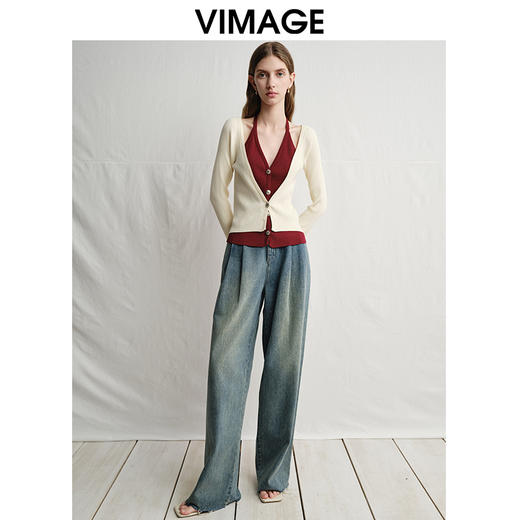 VIMAGE纬漫纪春季新款时尚撞色V领气质两件套针织衫V2301904 商品图1