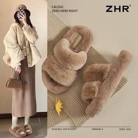 ZHR则则简约加绒保暖厚底毛毛拖鞋2024冬季新款百搭轻便女鞋ins潮