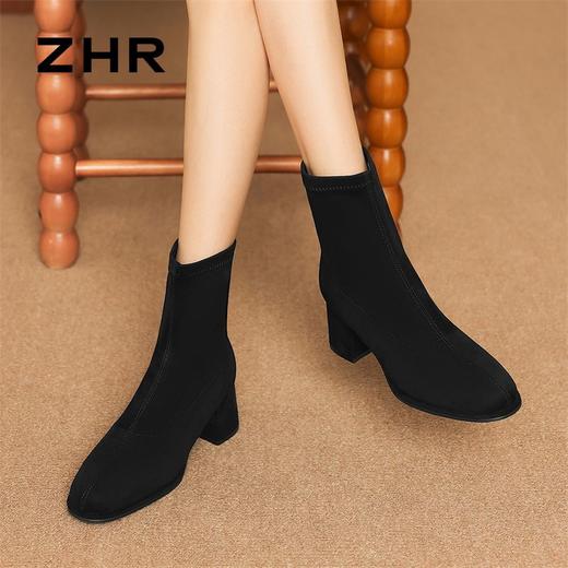 ZHR则则复古时髦摩登粗跟短靴女2024秋冬新款简约纯色绒面瘦瘦靴 商品图6