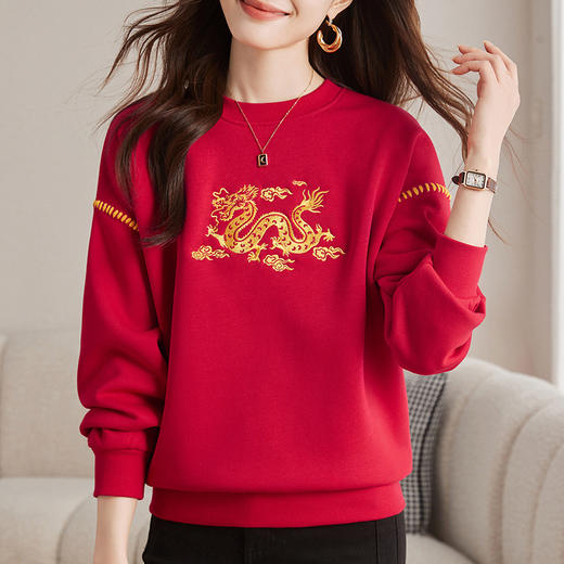 雀说圆领新年红色加绒加厚卫衣本命年衣服喜庆保暖上衣ALS82340198 商品图0