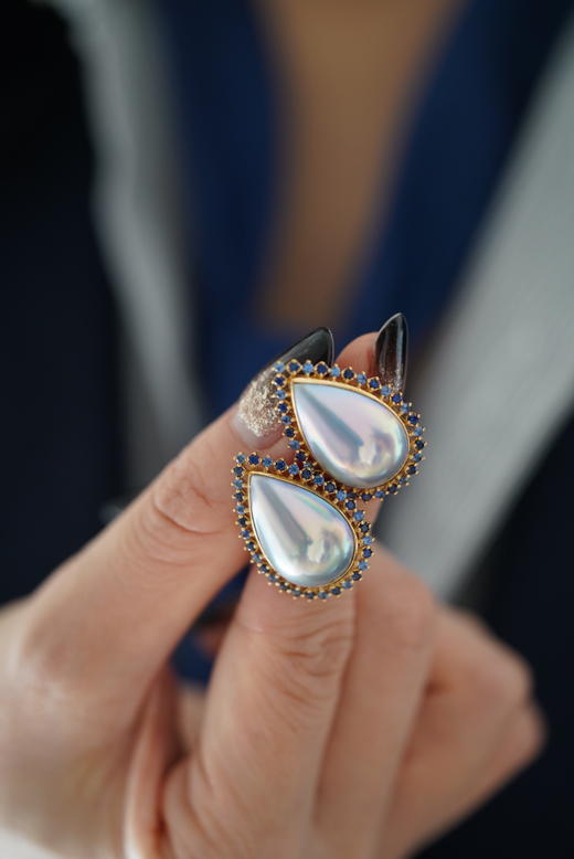 银蓝水滴马贝耳钉「蓝宝石镶嵌」 商品图3