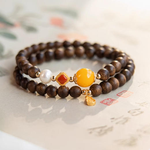 【经典】沉香木天然蜜蜡双圈手串6mm  奇楠木质串珠手链南红转运珠琥珀珠串带证书 商品图1