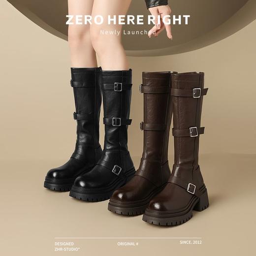 ZHR多排扣潮流长筒靴女2024秋冬新款复古骑士靴厚底西棕色牛仔靴 商品图3