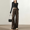 西遇咖色格纹直筒裤女新款复古高腰抽绳休闲百搭休闲裤D0043924（单层） 商品缩略图2