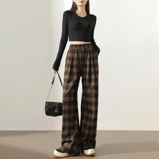 西遇咖色格纹直筒裤女新款复古高腰抽绳休闲百搭休闲裤D0043924（单层） 商品图2