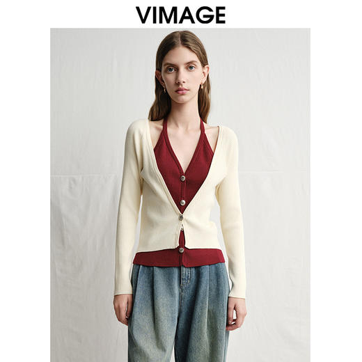 VIMAGE纬漫纪春季新款时尚撞色V领气质两件套针织衫V2301904 商品图5
