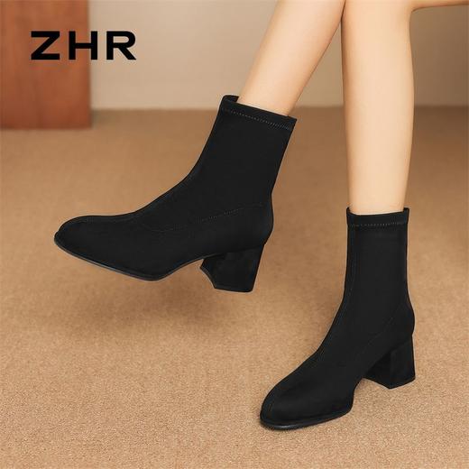 ZHR则则复古时髦摩登粗跟短靴女2024秋冬新款简约纯色绒面瘦瘦靴 商品图4