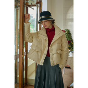 SimpleRetro杜维埃折页 90白鸭绒提花短款羽绒服女立领加厚面包服