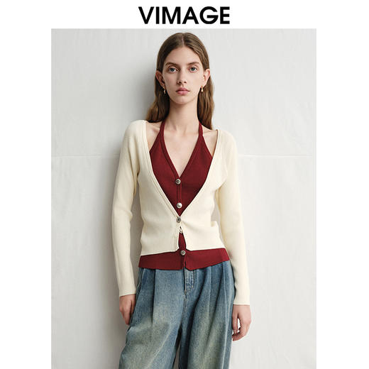 VIMAGE纬漫纪春季新款时尚撞色V领气质两件套针织衫V2301904 商品图0