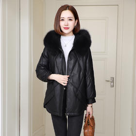 丁摩 秋冬真皮皮羽绒狐狸毛领女式休闲鹅绒服外套4ZF-77033