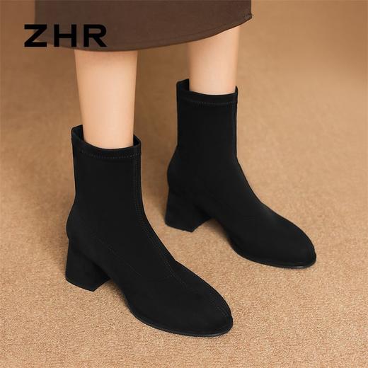 ZHR则则复古时髦摩登粗跟短靴女2024秋冬新款简约纯色绒面瘦瘦靴 商品图5