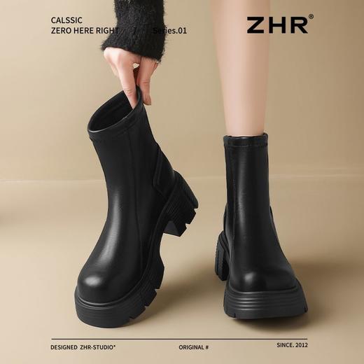 ZHR则则复古圆头粗跟短靴女2024秋冬新款英伦风加绒保暖棉靴增高 商品图5