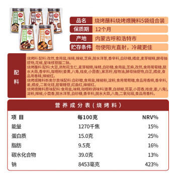 草原红太阳 烧烤料 烧烤蘸料烧烤煨腌料5袋组合装 /粮油调味 /调味品 /复合香辛料 商品图1