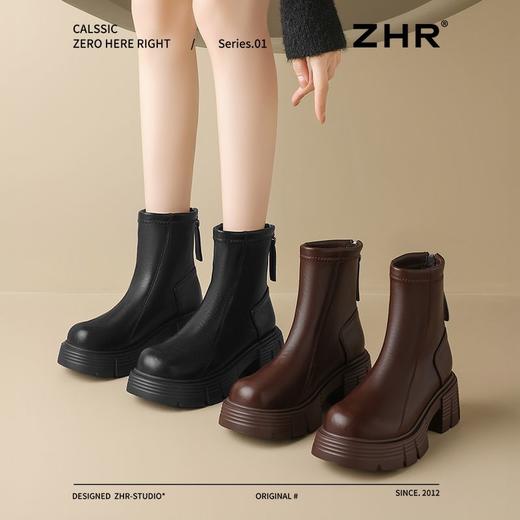 ZHR则则复古圆头粗跟短靴女2024秋冬新款英伦风加绒保暖棉靴增高 商品图9